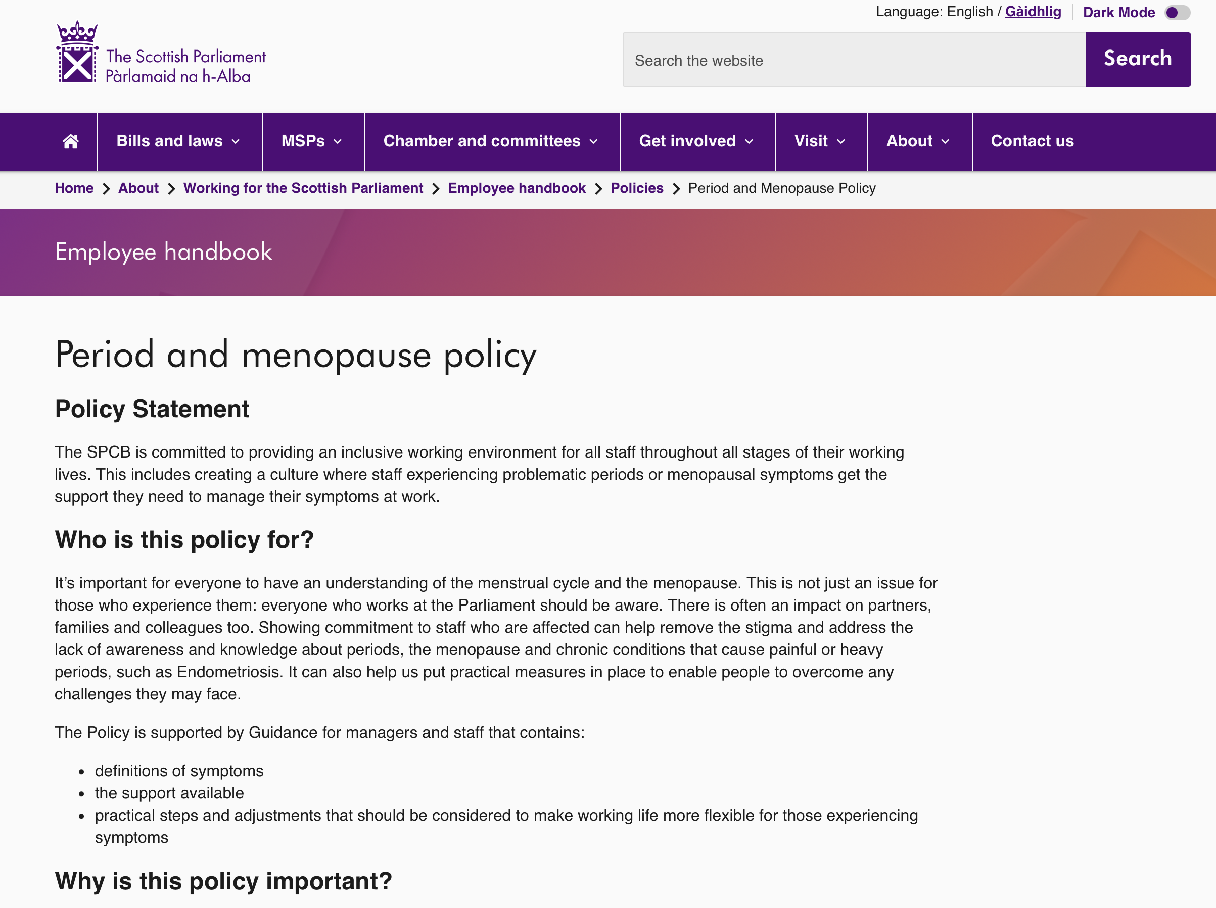 Inclusive period and menopause policy Scottish Parliament